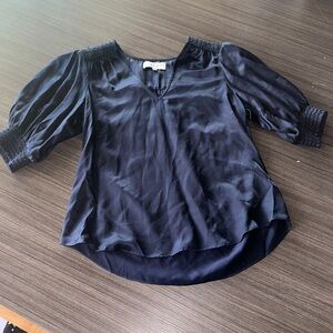 Hale Bob Los Angeles size s silk navy blue vneck poof sleeve blouse